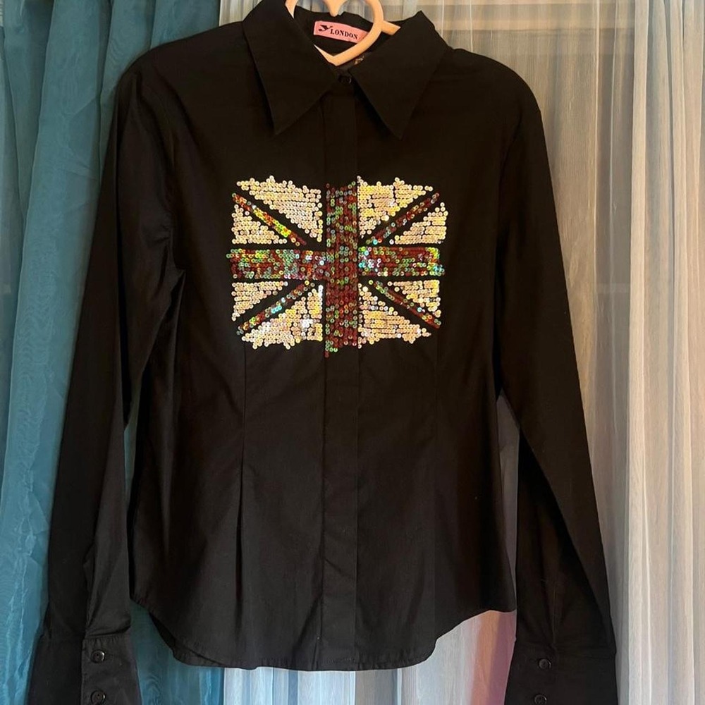 Sequin Union Jack Button-Up Shirt